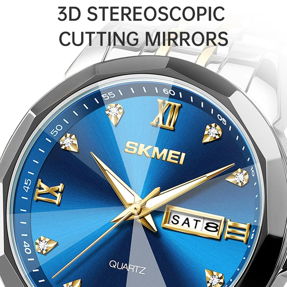 SKMEI 7070 Weekday Date Display Stainless Steel Strap Quartz Wrist Watch for Men / Women - Gold Splicing+Blue / Men - 3
