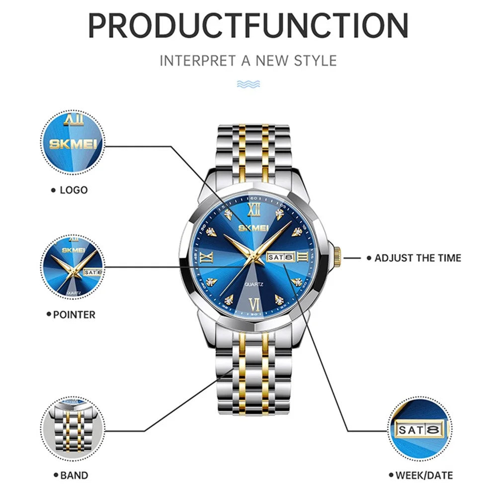 SKMEI 7070 Weekday Date Display Stainless Steel Strap Quartz Wrist Watch for Men / Women - Gold Splicing+Blue / Men - 5