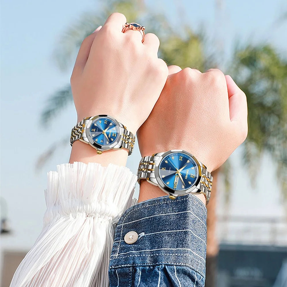 SKMEI 7070 Weekday Date Display Stainless Steel Strap Quartz Wrist Watch for Men / Women - Gold Splicing+Blue / Men - 6
