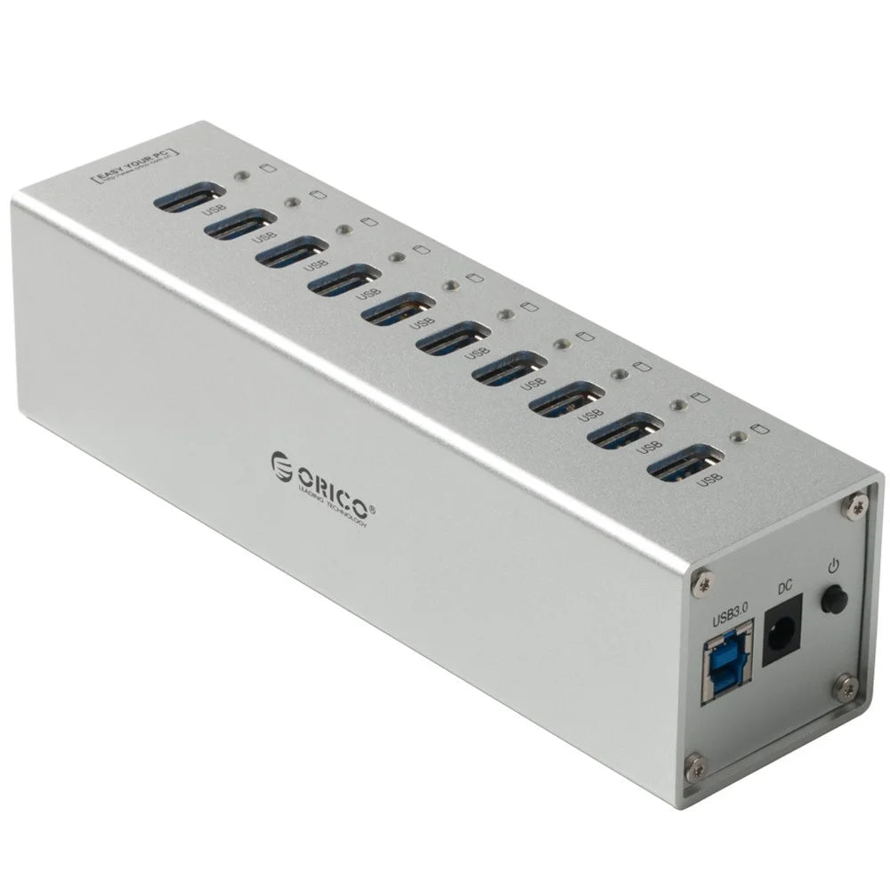 ORICO Aluminum Alloy 10-Port USB3.0 HUB with Power Adapter & Cable (A3H10) - Silver Color - 1