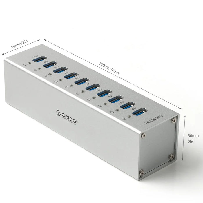 ORICO Aluminum Alloy 10-Port USB3.0 HUB with Power Adapter & Cable (A3H10) - Silver Color - 2