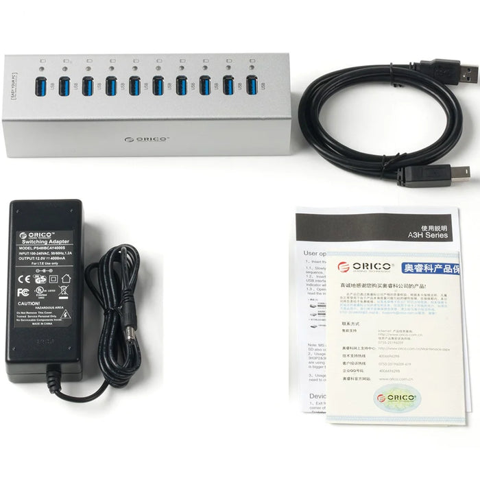 ORICO Aluminum Alloy 10-Port USB3.0 HUB with Power Adapter & Cable (A3H10) - Silver Color - 4