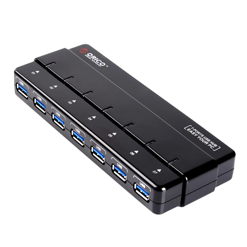 ORICO ABS 7-Port USB 3.0 HUB with Power Adapter & Cable (H7928-U3) - Black - 1