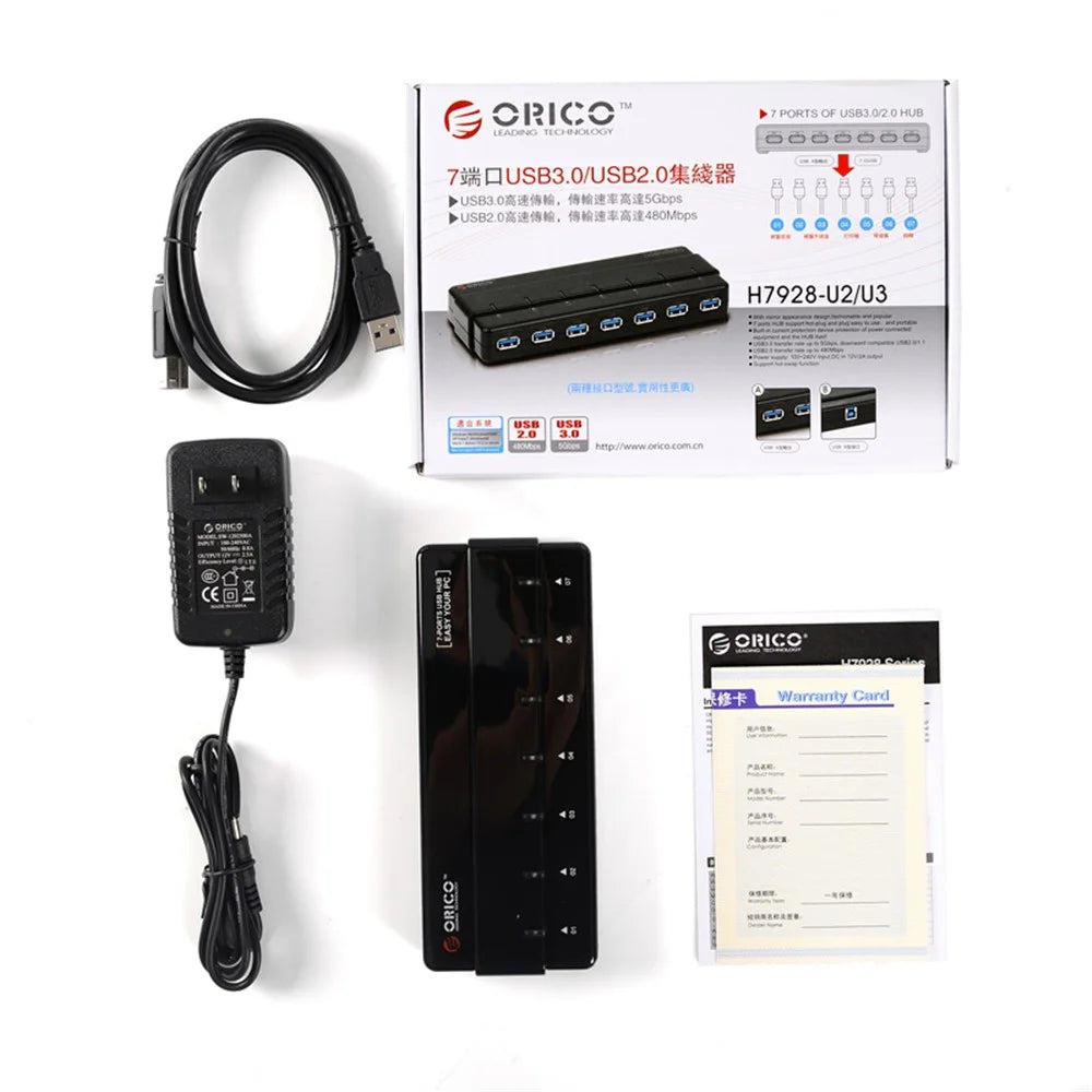 ORICO ABS 7-Port USB 3.0 HUB with Power Adapter & Cable (H7928-U3) - Black - 2