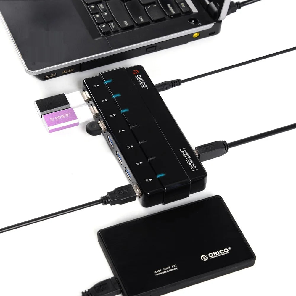 ORICO ABS 7-Port USB 3.0 HUB with Power Adapter & Cable (H7928-U3) - Black - 4