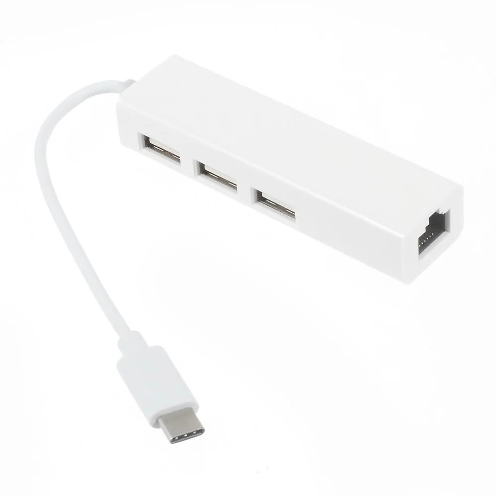 USB 3.1 Type C to 3-Port USB 2.0 Hub with Gigabyte Ethernet Adapter for Apple New MacBook 12-inch - White - 1