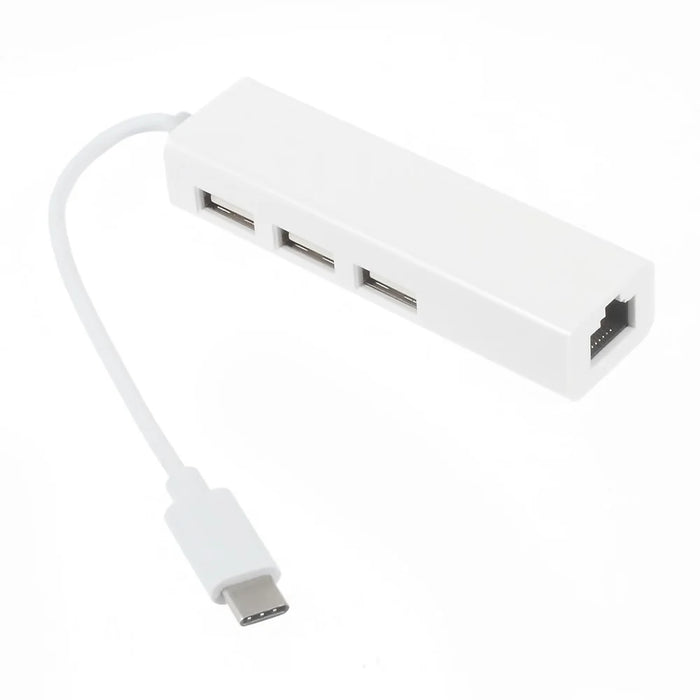 USB 3.1 Type C to 3-Port USB 2.0 Hub with Gigabyte Ethernet Adapter for Apple New MacBook 12-inch - White - 1