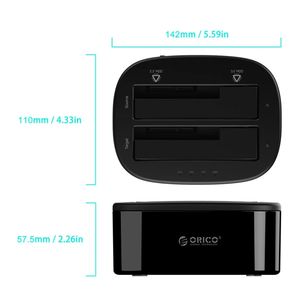 ORICO USB 3.0 SATA Dual-bay Hard Disk Drive Docking Station Enclosure Case for 2.5"/3.5" SDD HDD with Offline Clone Function (6228US3-C) - EU Plug - 3