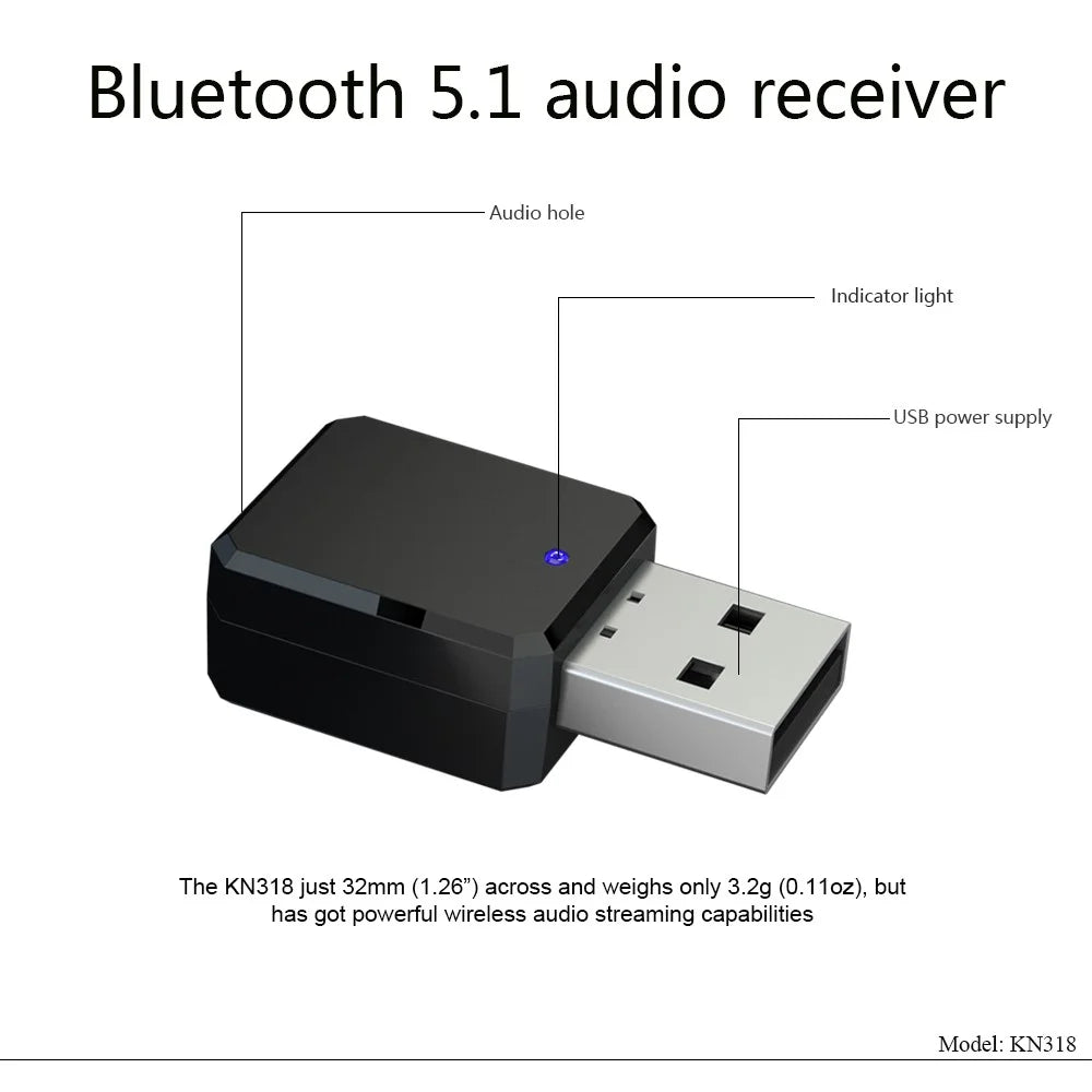 KN318 Bluetooth-compatible 5.1 Audio Receiver Dual Output AUX USB Stereo Car Bluetooth-compatible Hands-free Calling - 4