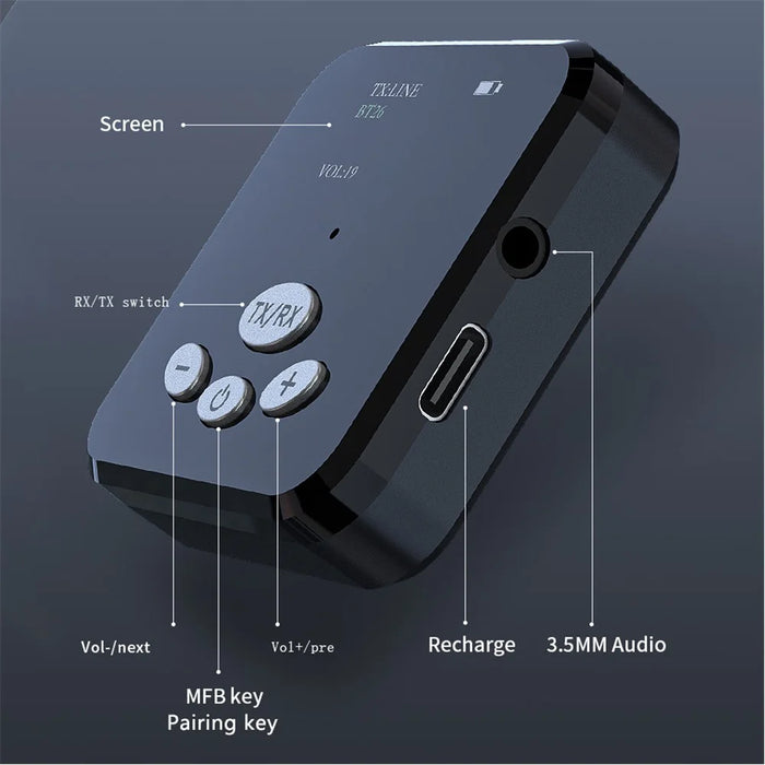 T5 2-in-1 Wireless Bluetooth-compatible 5.0 Audio Receiver Transmitter 3.5mm AUX Jack OLED Display Stereo Music Adapter for TV Car Computer - 2