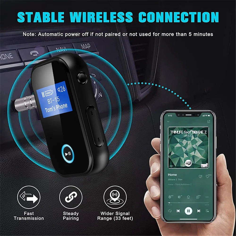 BT15S Bluetooth-compatible Receiver LCD Display Screen AUX Adapter Car Adapter with CVC 8.0 Noise Canceling Hands-Free Call for Car/Home Stereo/Wired Headphone - 6