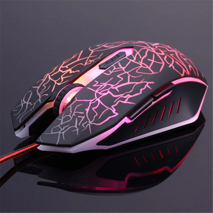 6 Keys Crack Pattern Wired Optical Game Mouse 2400DPI with Breathing Backlit Light - 6
