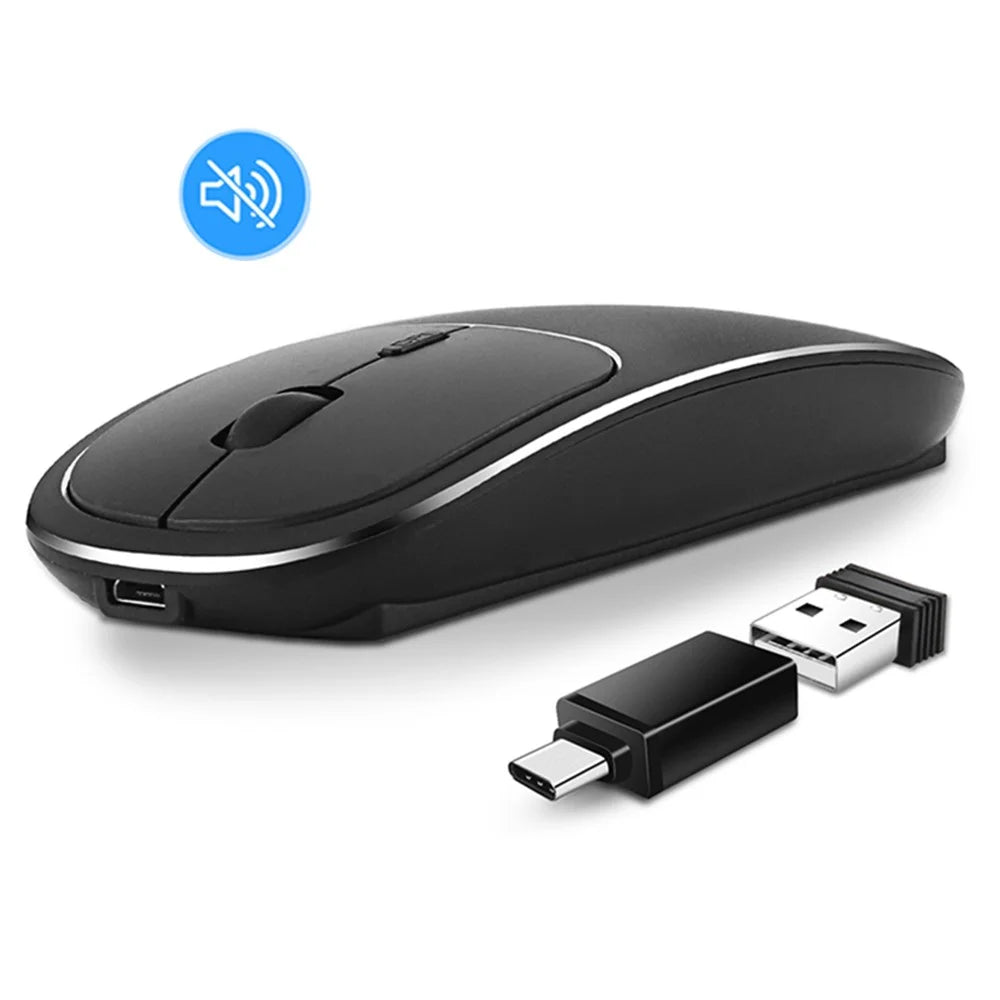 2.4G Wireless Computer Laptop Mouse Rechargeable Aluminium Alloy Mice with Type-C Adapter - Black - 1