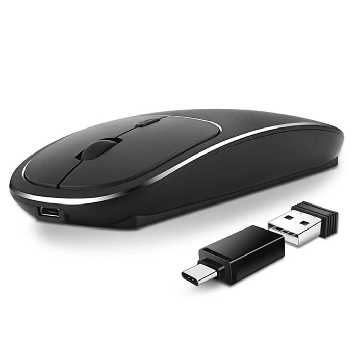 2.4G Wireless Computer Laptop Mouse Rechargeable Aluminium Alloy Mice with Type-C Adapter - Black - 2