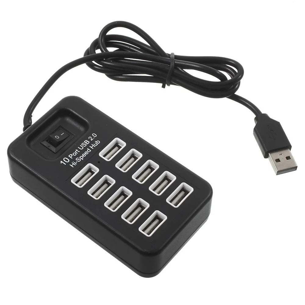 480Mbps High Speed 10-Port USB 2.0 Extender Hub with 1m Cable and Power Switch - Black - 1