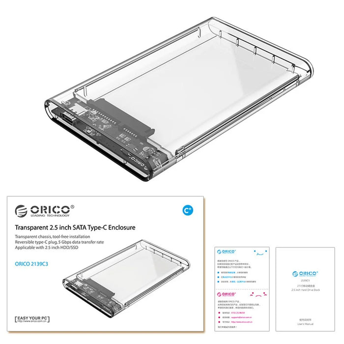 ORICO 2139C3 USB 3.1 Gen1 Type-C to SATA III 2.5'' Transparent External Hard Drive Enclosure for 2.5 inch SATA Type-C HDD/SSD - 7