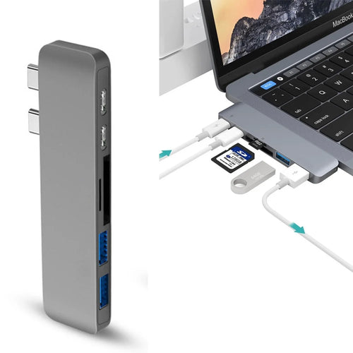 6 in 1 Dual Type-C Hub Adapter SD/TF Card Reader with 2 PD Fast Charging Ports 2 USB 3.0 Ports for MacBook Pro 13" & 15" 2016/2017 - Grey - 1
