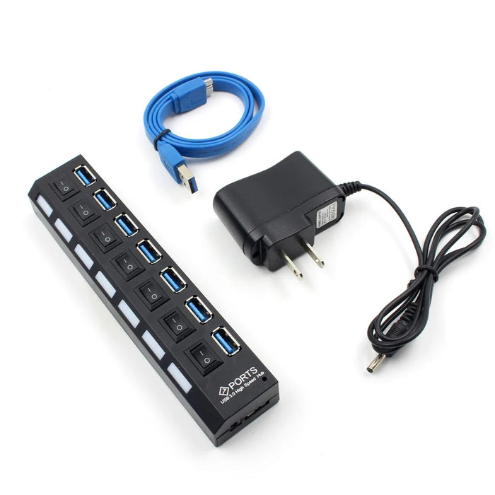 USB 3.0 Desktop Cable On/Off Switch 7-Port HUB for Laptop Computer with AC Adapter - US Plug - 1