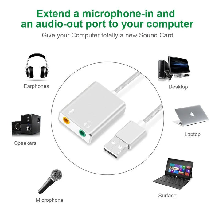 USB Audio Adapter External Stereo Sound Card with 3.5mm Headphone and Microphone Jack - Silver Color - 3
