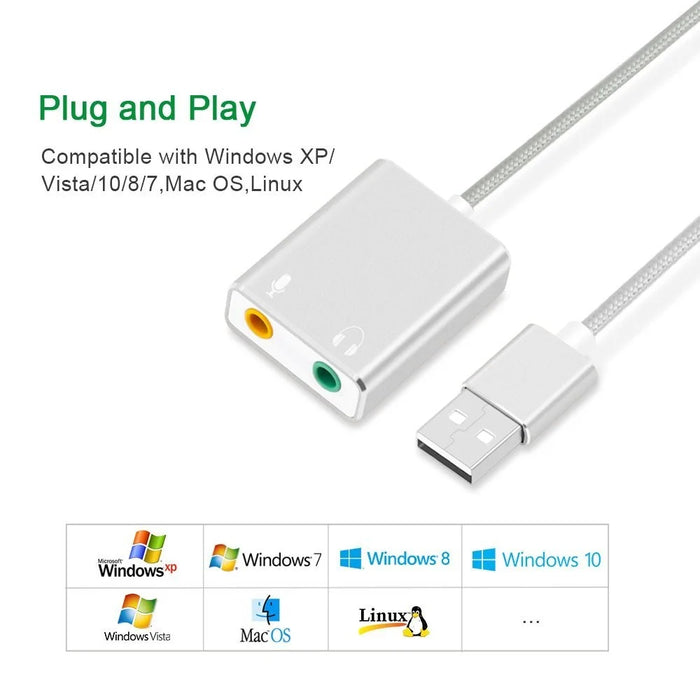 USB Audio Adapter External Stereo Sound Card with 3.5mm Headphone and Microphone Jack - Silver Color - 4