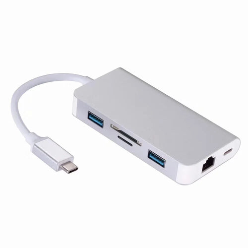 CY UC-089 6-in-1 USB-C Type-C to RJ45 + USB3.0*2 Ports Hub + TF/SD Card Reader + Type-C Charger Multiport Adapter - White - 1
