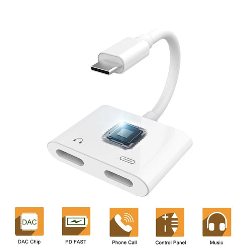 USB C Double Type-C Splitter Digital Audio Charging Adapter Converter Support PD Fast Charge - White - 1
