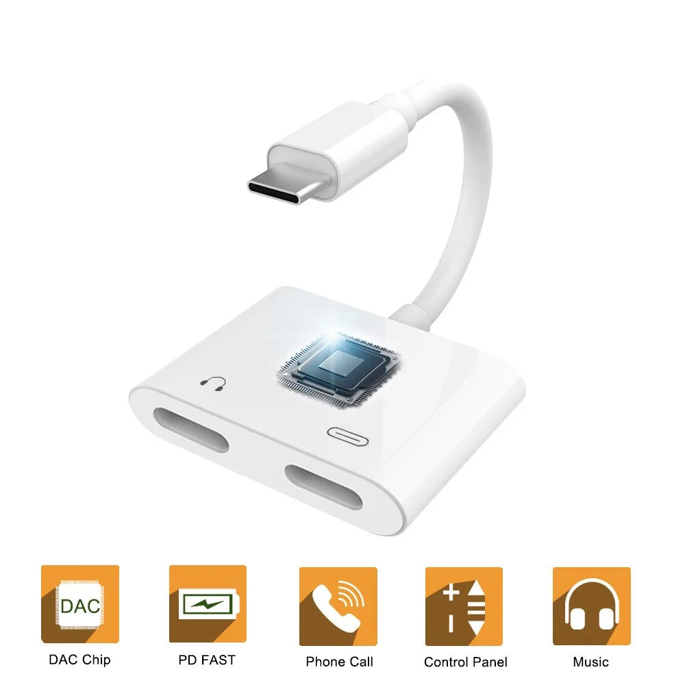 USB C Double Type-C Splitter Digital Audio Charging Adapter Converter Support PD Fast Charge - White - 1