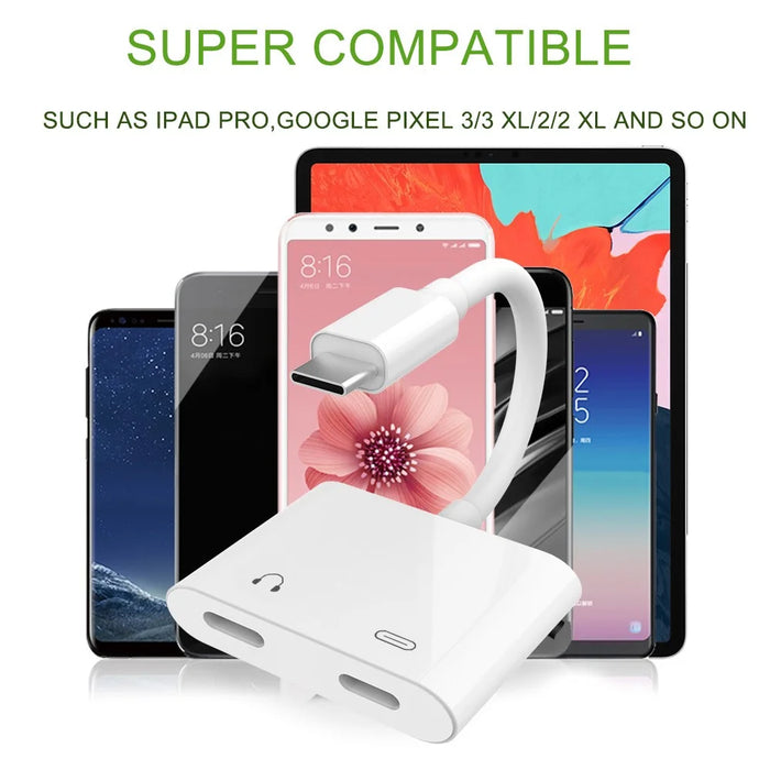 USB C Double Type-C Splitter Digital Audio Charging Adapter Converter Support PD Fast Charge - White - 3