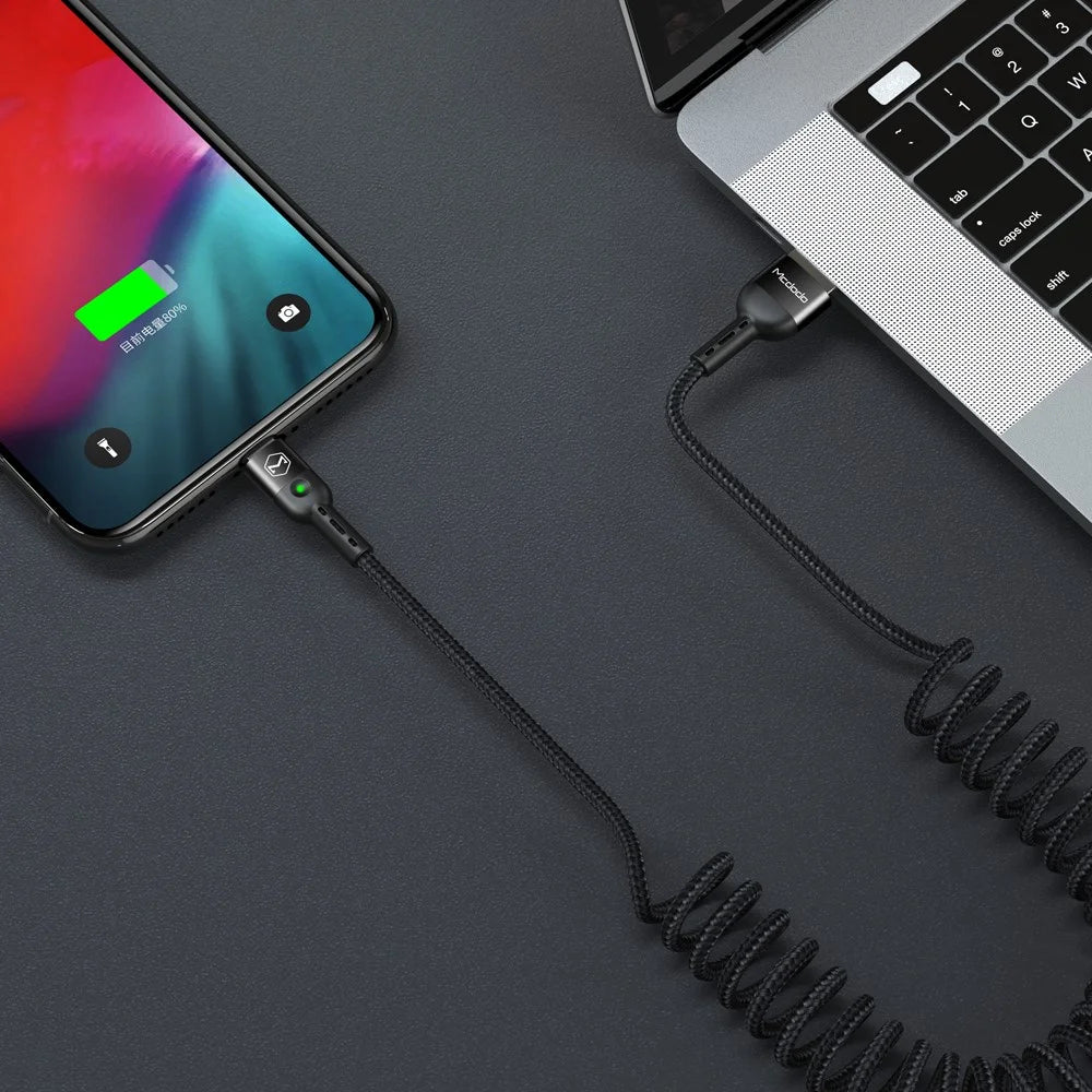 MCDODO Omega Series Retractable QC 4.0/3.0 Type-C Data Cable with LED Light 1.8m - Black - 3