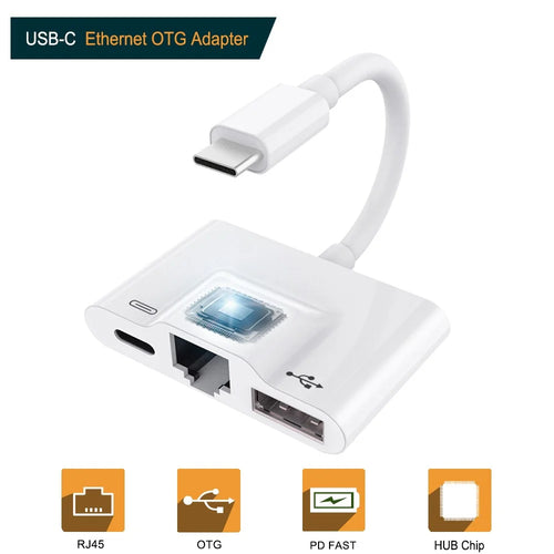 Type-C to RJ45 Ethernet OTG Adapter Wired LAN Card  Ethernet USB OTG HUB HD Video Adapter - White - 1