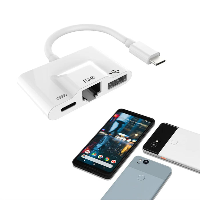 Type-C to RJ45 Ethernet OTG Adapter Wired LAN Card  Ethernet USB OTG HUB HD Video Adapter - White - 2