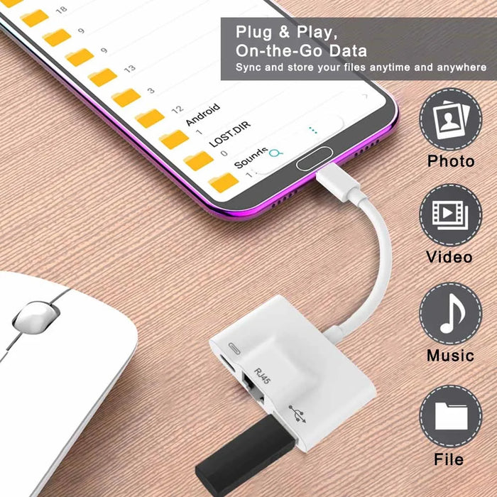 Type-C to RJ45 Ethernet OTG Adapter Wired LAN Card  Ethernet USB OTG HUB HD Video Adapter - White - 5