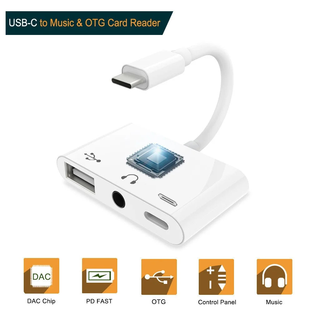 Type C to 3.5mm Headphone Jack OTG Adapter Converter USB-C to Music Audio OTG Card Reader - White - 1