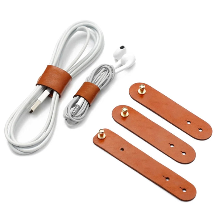 3PCS / Lot PU Leather Cable Cord Wire Earphone Bobbin Winder Organizer - Light Brown - 1