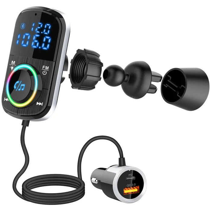 Bluetooth-compatible Car FM Transmitter Audio Adapter Receiver PD & QC3.0 Bluetooth-compatible Car Adapter Colorful LED Backlit - 1