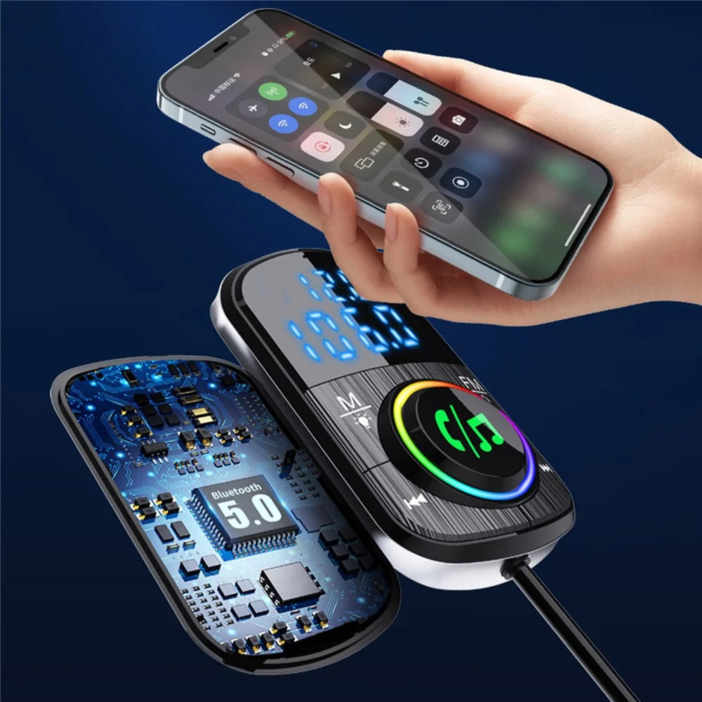 Bluetooth-compatible Car FM Transmitter Audio Adapter Receiver PD & QC3.0 Bluetooth-compatible Car Adapter Colorful LED Backlit - 4