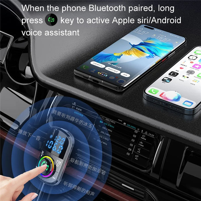 Bluetooth-compatible Car FM Transmitter Audio Adapter Receiver PD & QC3.0 Bluetooth-compatible Car Adapter Colorful LED Backlit - 5