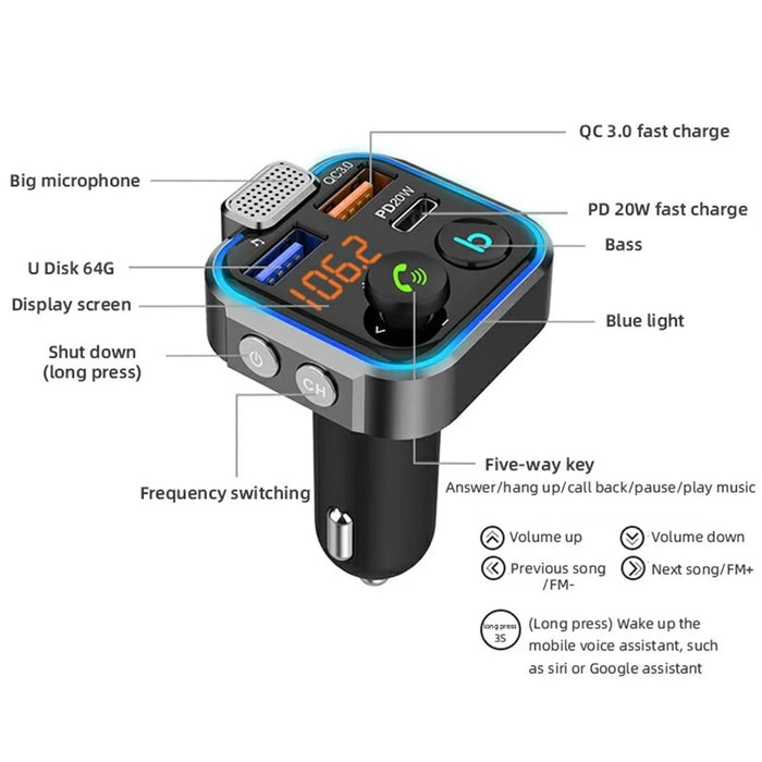 BT23 Dual USB Digital Display Car Bluetooth-compatible MP3 Music Player FM Transmitter QC3.0 PD 20W Fast Charging Phone Charger - 4