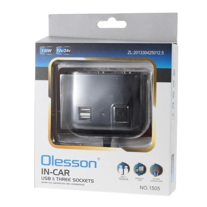 OLESSON No.1505 1 to 3 Car Cigarette Lighter Socket & Dual USB Car Charger - Black - 7