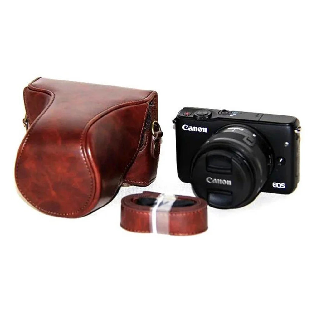 PU Leather Camera Protective Cover + Strap for Canon EOSM/EOSM2/EOSM 10 with 15-45mm Lens - Coffee - 1