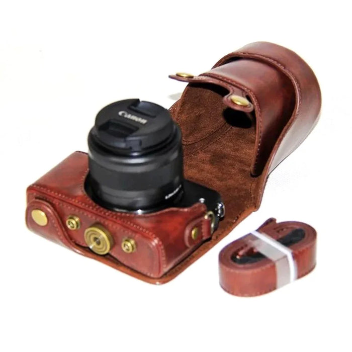 PU Leather Camera Protective Cover + Strap for Canon EOSM/EOSM2/EOSM 10 with 15-45mm Lens - Coffee - 2