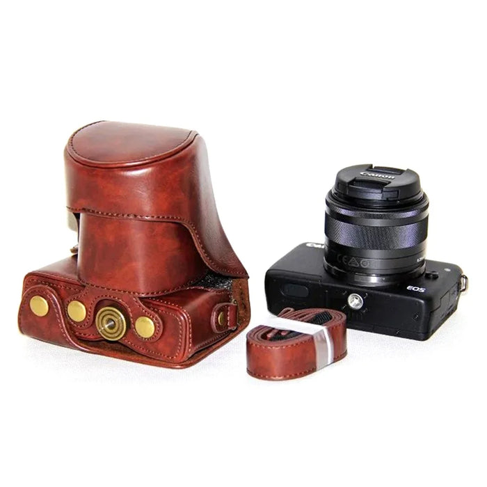 PU Leather Camera Protective Cover + Strap for Canon EOSM/EOSM2/EOSM 10 with 15-45mm Lens - Coffee - 7