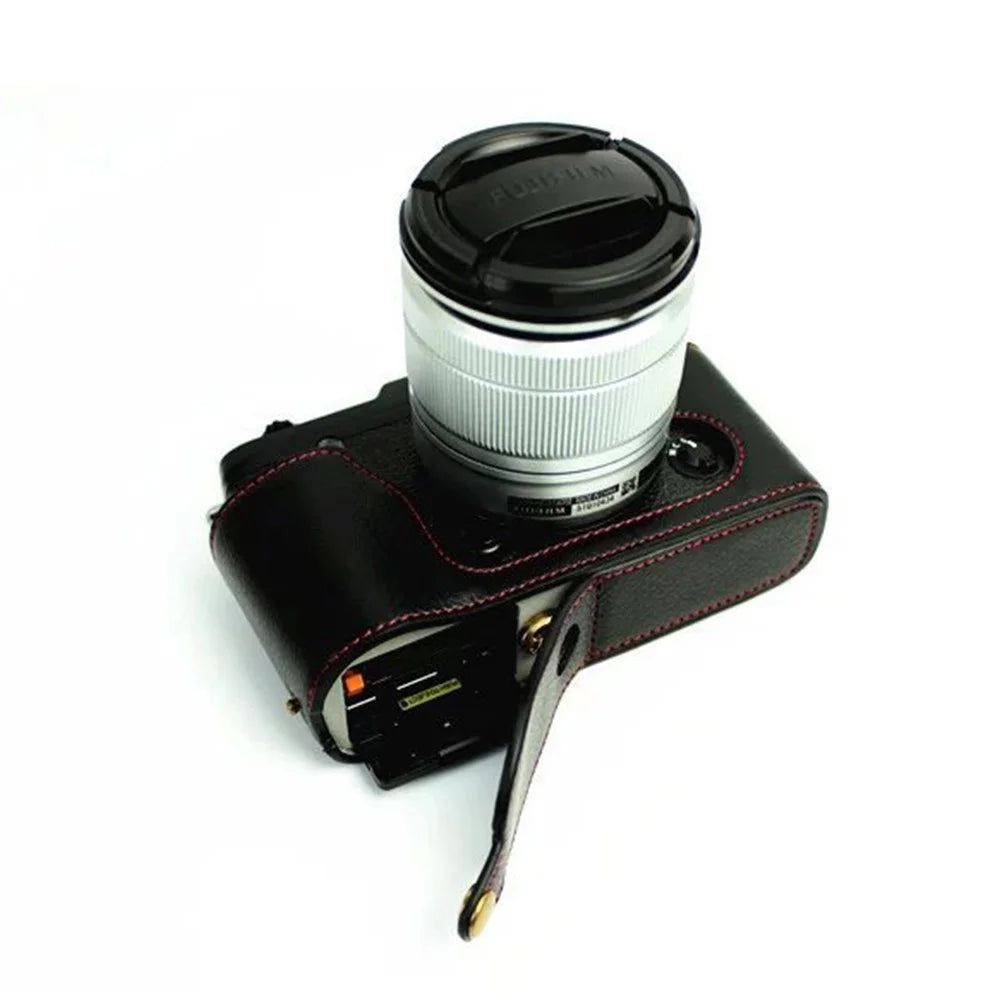 Genuine Split Leather Half Camera Case Bag for Fujifilm XE1 XE2 - Black - 1