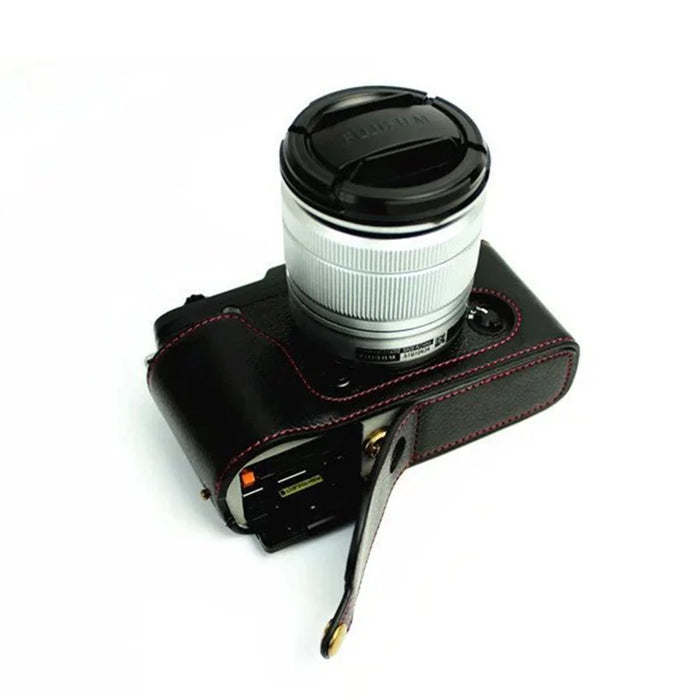 Genuine Split Leather Half Camera Case Bag for Fujifilm XE1 XE2 - Black - 1