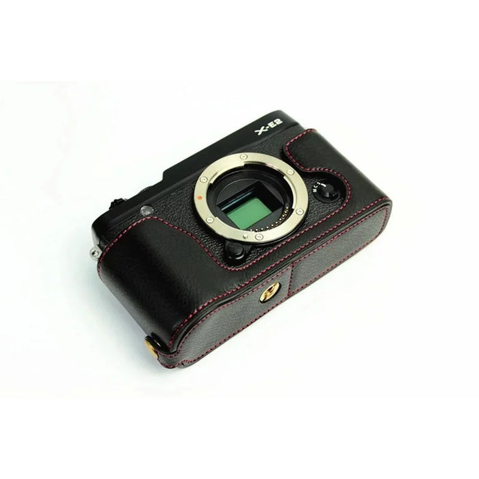 Genuine Split Leather Half Camera Case Bag for Fujifilm XE1 XE2 - Black - 2