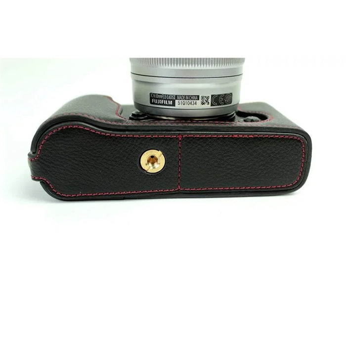 Genuine Split Leather Half Camera Case Bag for Fujifilm XE1 XE2 - Black - 3