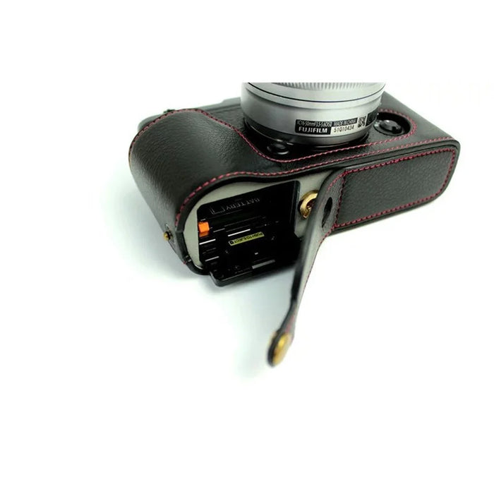 Genuine Split Leather Half Camera Case Bag for Fujifilm XE1 XE2 - Black - 5