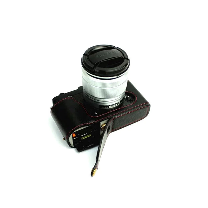 Genuine Split Leather Half Camera Case Bag for Fujifilm XE1 XE2 - Black - 7