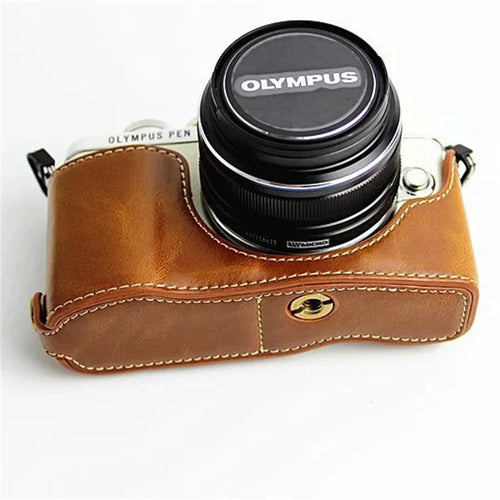 PU Leather Bottom Camera Half Case Bag for Olympus E-PL7 / E-PL8 / E-PL9 - Brown - 1