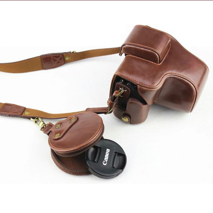 PU Leather Protective Case + Strap + Camera Lens Bag for Canon EOS M50 - Coffee - 1